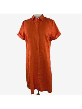 J Jill Love Linen Size Small 100% Linen Shirt Dress Orange Short Sleeves